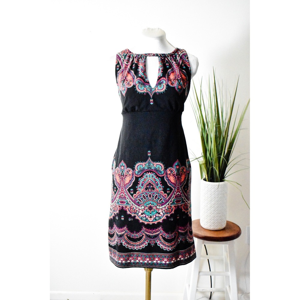 ECI Sheath Dress Womens 6 Black Paisley Tie Back Sleeveless Medallion Boho